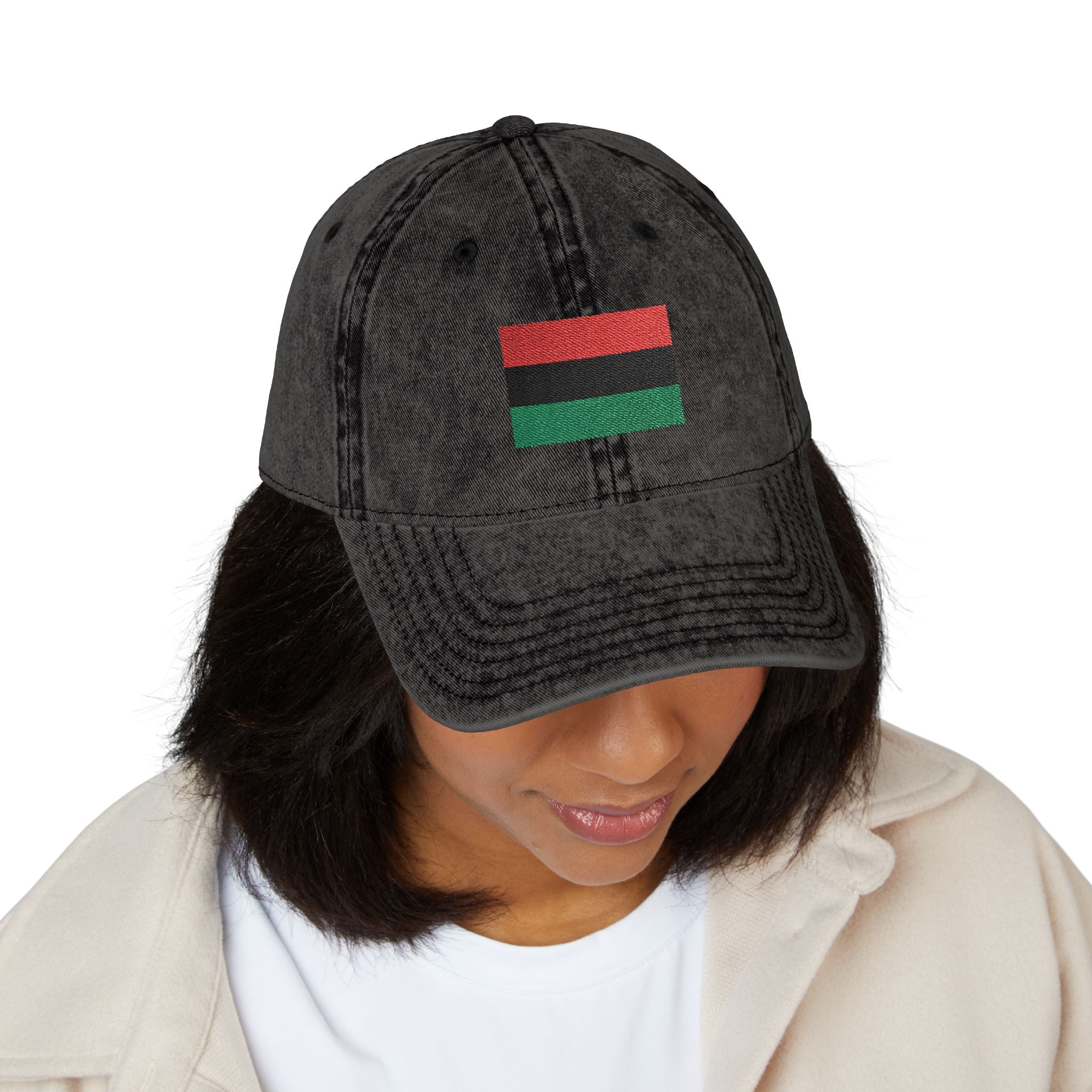Vintage Embroidered Flag Cap — Red Black Green Distressed Baseball Hat