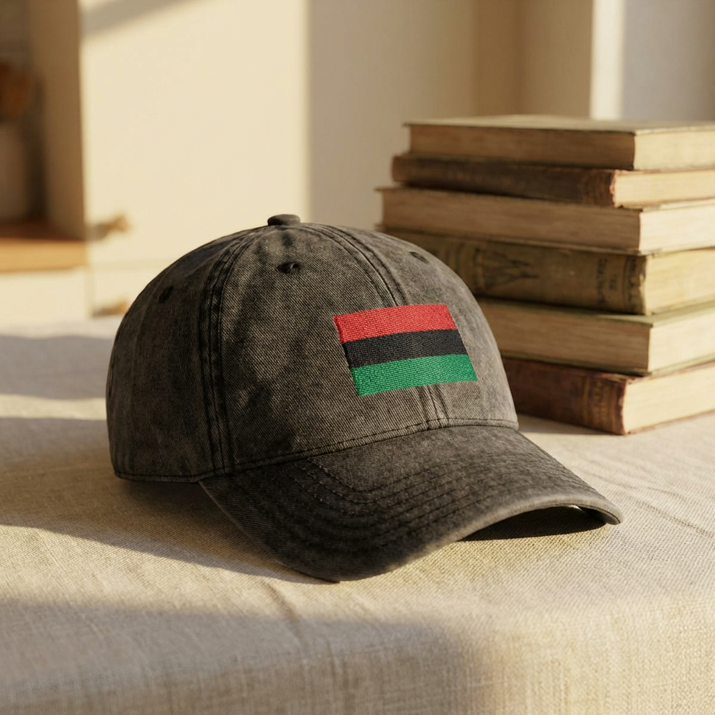 Vintage Embroidered Flag Cap — Red Black Green Distressed Baseball Hat