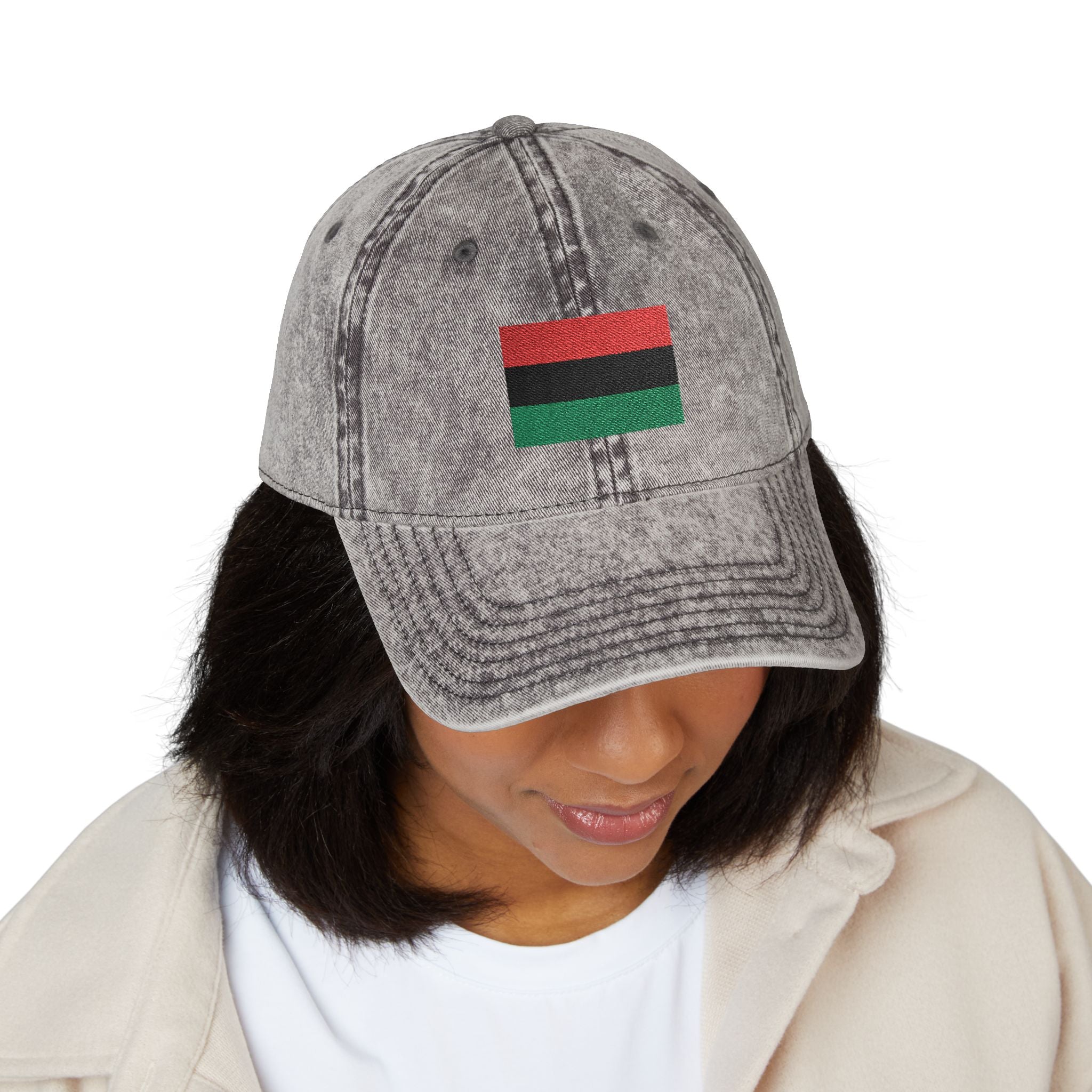 Vintage Embroidered Flag Cap — Red Black Green Distressed Baseball Hat